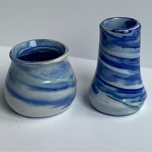 Swirl Vase Blue Green Set Of 2 Small 2” & 3” Signed New NIB Ceramic Handmade